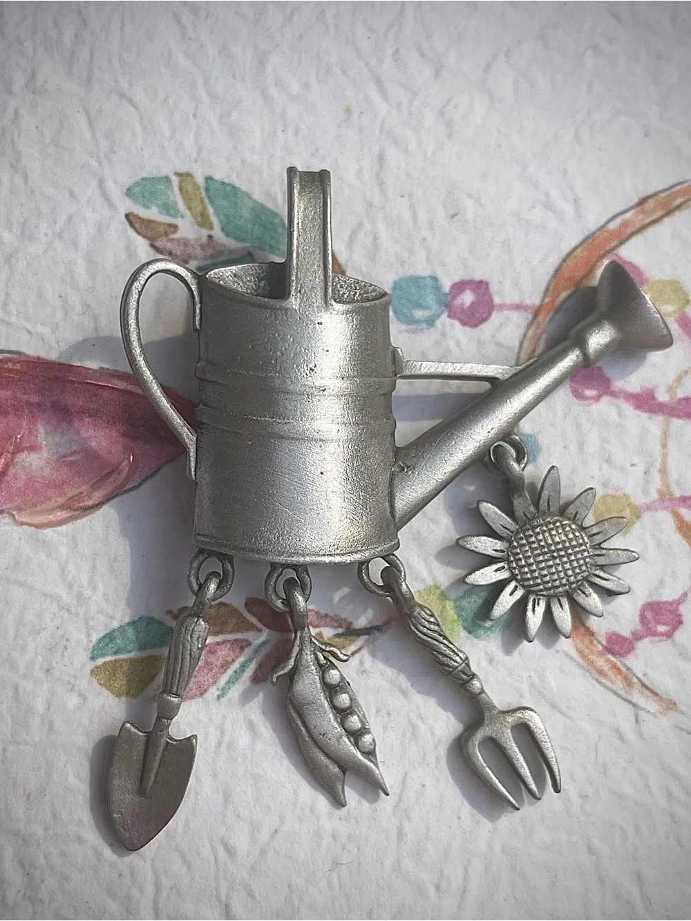 Vintage JJ Jonette Watering Can Garden Theme Pin Brooch Pewter
